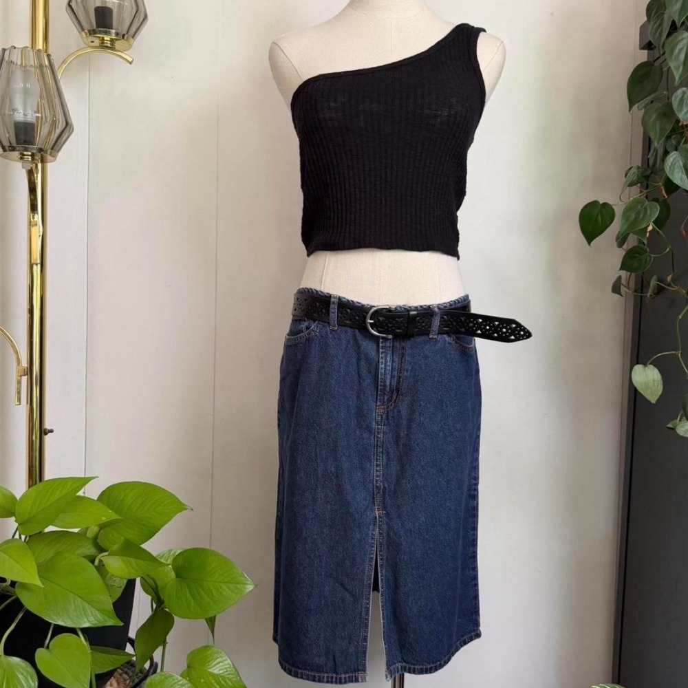 Paris Blues Vintage 90s Navy Blue Denim Midi Skirt Front Slit Size 9 Cotton